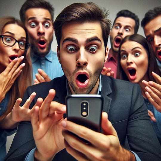Group of surprised people looking at a mobile phone