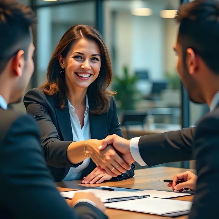 Business meeting ending in a handshake across a desk