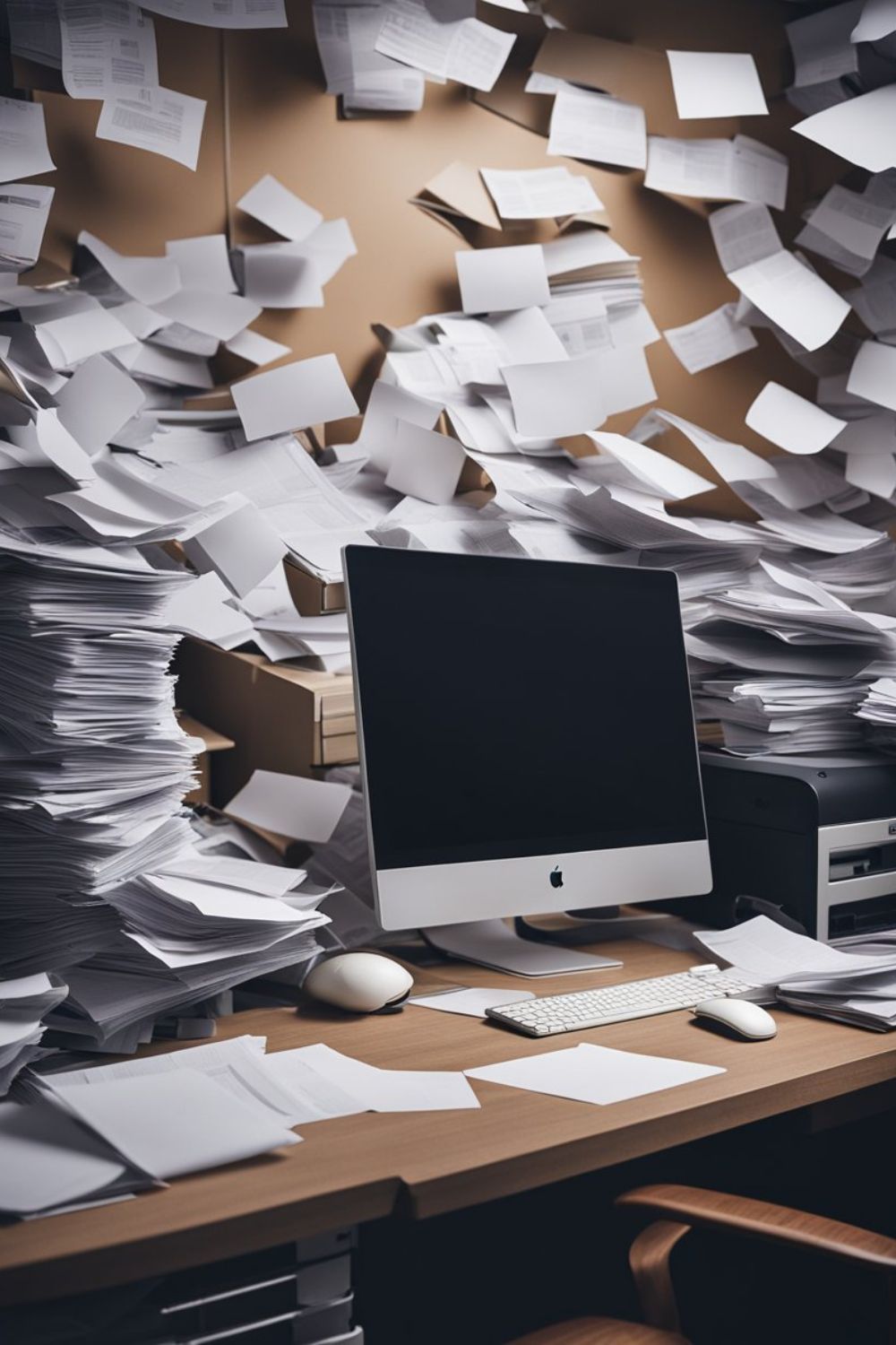Office desk buried under scattered paperwork